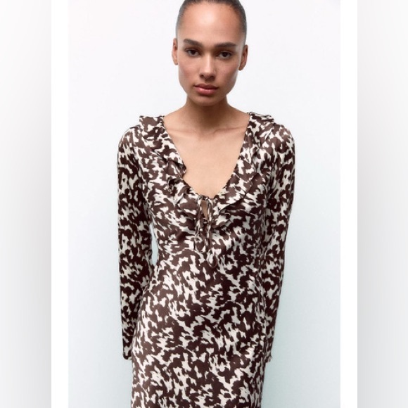 ZARA ~ Printed Satin Effect Midi Dress with Ruffles - Picture 10 of 12